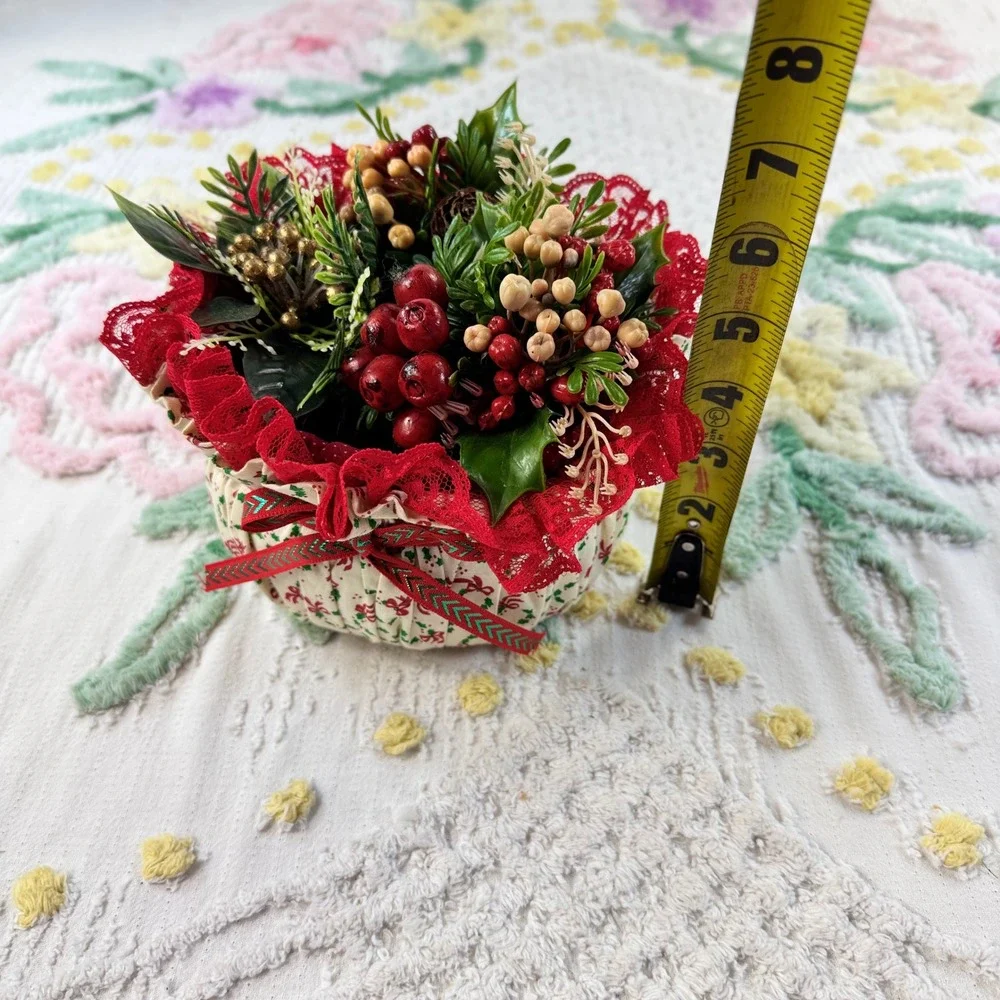 Vintage Christmas Floral Arrangement Fabric Pot Red Berry Lace Centerpiece